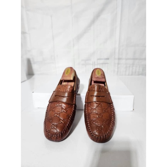Authentic Gucci Cognac Leather Upper Geometric Loafers Brown Size 5.5 - Picture 1 of 16